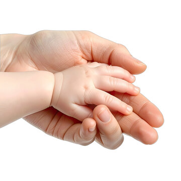 A close-up of an adult hand gently holding a small baby's hand against a black background.