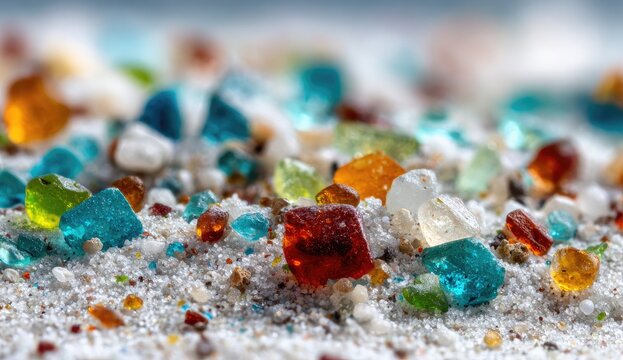 Close-up of multicolored glass shards on a light-colored granular surface - Powered by Adobe