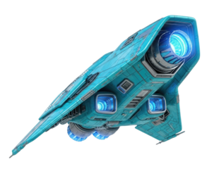 Futuristic teal spaceship with glowing blue engines transparent background cutout png