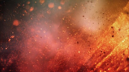 Fototapeta premium Fiery abstract with a chaotic blend of warm tones and scattered particles. Depth is created by soft blurs.