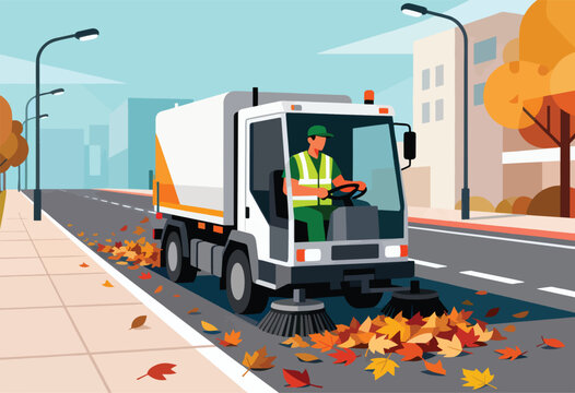 A street sweeper truck clears autumn leaves, driven by a uniformed worker, on a city street