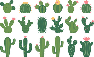 Cartoon cactus vector collection, 20 stylized plant icons, green succulent illustrations with flowers, botanical design set, desert flora elements
