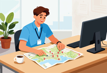Fototapeta premium A smiling man, wearing a blue shirt and name tag, studies a map with red markers at a desk