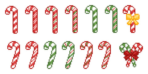 Pixel Christmas Candy cane game icon vector set. Xmas sticks. Santa caramel in retro computer 8 bit pixelated style