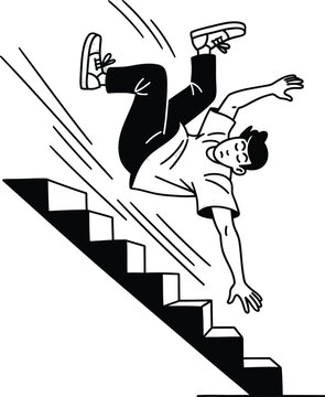 A black and white line art illustration of a man in casual clothes tumbling backwards down a flight of stairs.