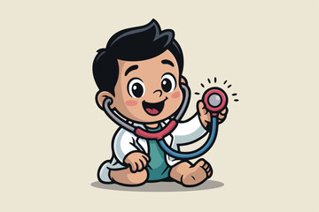Cartoon baby doctor, holding a stethoscope, smiling, wearing a lab coat, on a solid background