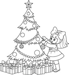 A charming black and white line art illustration of a young girl with a large bow decorating a Christmas tree.