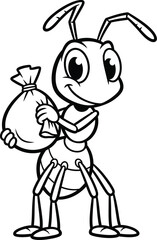 A cheerful black and white cartoon ant character with big eyes smiling while carrying a sack.