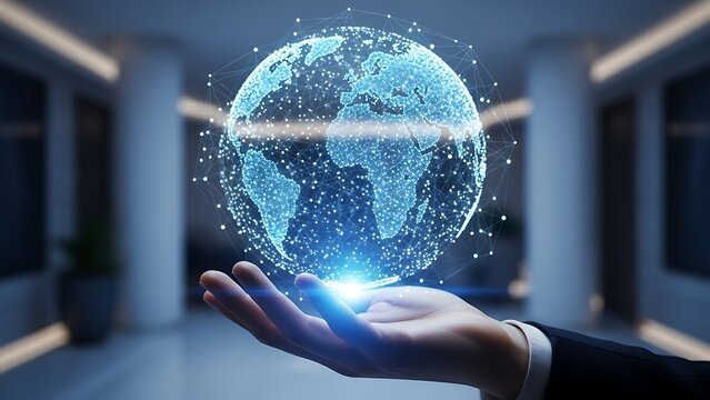 Hand holding a glowing blue digital earth globe representing global network, technology, and worldwide connectivity in a modern office setting