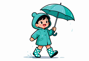 Cartoon child in teal rain gear walks in the rain with umbrella. Boots, coat, and hood complete the outfit