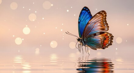 Beautiful blue and orange butterfly rests gently on a calm water surface, its reflection shimmering in the soft light of a magical sunset with sparkling bokeh