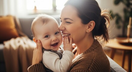 Beautiful smiling mother gently holding her cute laughing baby, enjoying a happy, loving moment together in a bright, cozy room with soft natural light