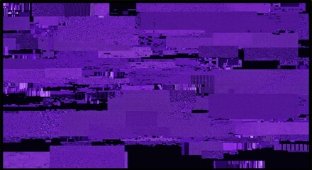 Abstract purple digital glitch pattern creates a vibrant, distorted background texture with fragmented blocks, pixelated noise, and horizontal lines, conveying a modern technological error aesthetic