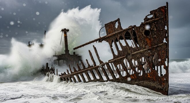 Large rusted skeletal shipwreck frame is battered by a massive ocean wave during a dramatic storm, creating powerful spray against a grey overcast sky