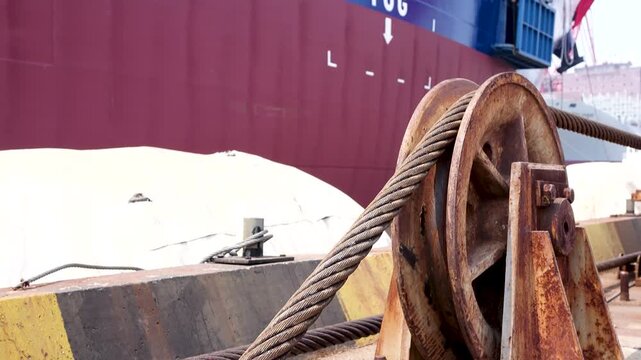Industrial Winch and Steel Cable at Shipyard with Cargo Vessel