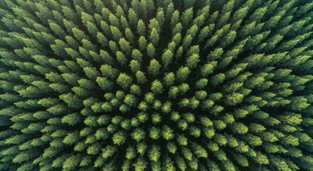 Dense green forest of tall trees planted in perfect rows creating a natural textured pattern, seen from a top-down aerial drone perspective in soft morning light