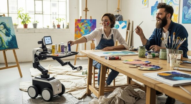 Small friendly assistant robot on wheels helps a happy couple of artists by holding a tray with paints in a bright, creative art studio with large windows