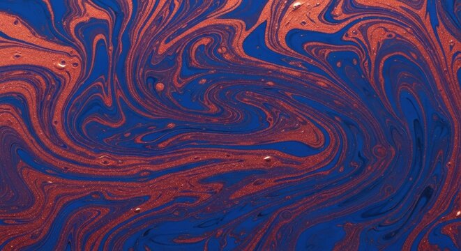 Abstract swirling liquid pattern featuring vibrant blue and shimmering copper colors, creating a dynamic and luxurious marbled texture with subtle glitter effects
