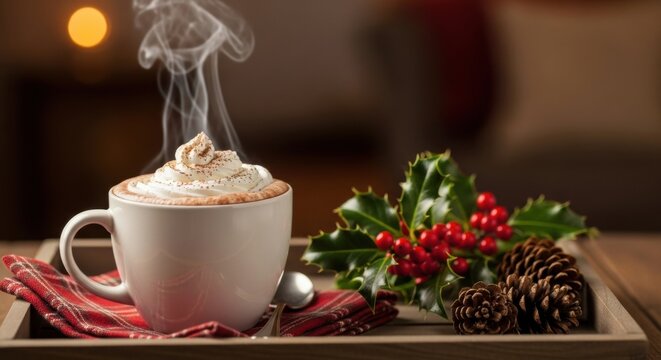Steaming white mug of hot chocolate with whipped cream and cocoa powder is served on a wooden tray with festive holiday decorations like holly and pinecones in a cozy setting - Powered by Adobe
