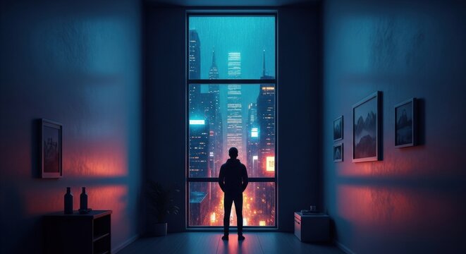 Silhouetted man in a dark hoodie stands alone in a room, looking out a large window at a rainy, neon-lit cityscape with tall skyscrapers at night