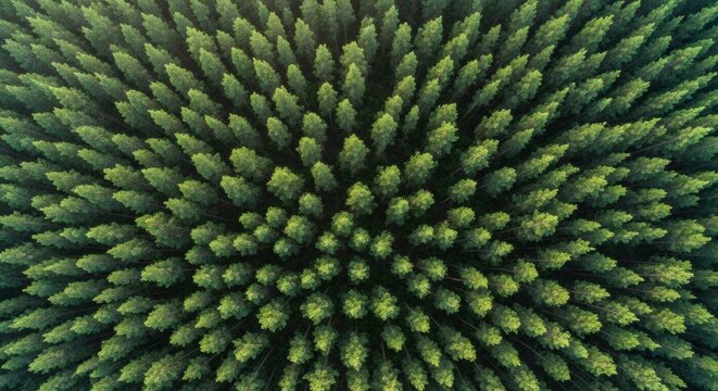 Dense green forest of tall trees planted in perfect rows creating a natural textured pattern, seen from a top-down aerial drone perspective in soft morning light