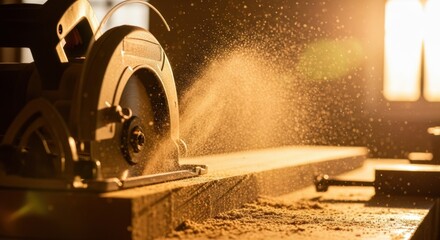 Circular power saw cutting a wooden plank, sending a cloud of fine sawdust into the air with dramatic warm backlighting in a carpentry workshop