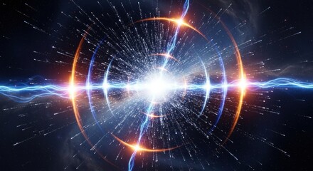 Powerful cosmic collision of energetic particles creating blue and orange light waves and rings in a dynamic explosion against a dark starry background