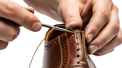 Cobbler carefully stitching a classic brown leather shoe with precision and skill