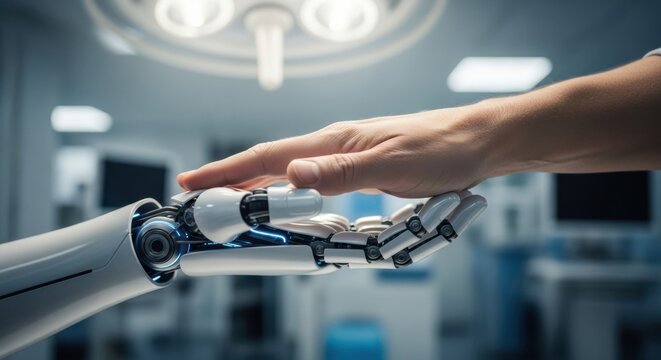 White robotic prosthetic hand with glowing blue lights is gently held by a human hand in a futuristic medical clinic, symbolizing the future of healthcare and technology - Powered by Adobe