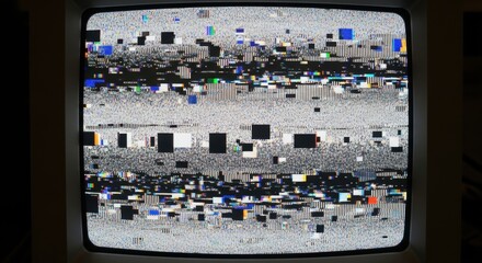 Old television screen displaying colorful digital glitch noise and static with broken signal artifacts, creating a retro abstract technology background with a distorted data effect