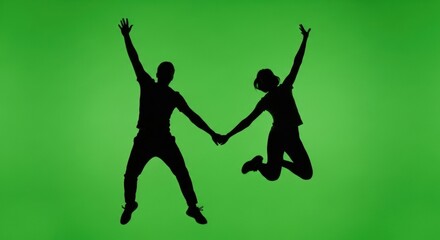 Silhouette of a joyful young couple jumping in the air while holding hands with arms raised in celebration on a vibrant green screen background for chroma keying