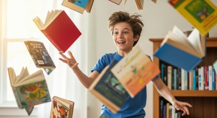 Amazed and joyful young boy in a blue shirt looks up with excitement as colorful books magically float and fly around him in a bright, sunlit room with a bookshelf