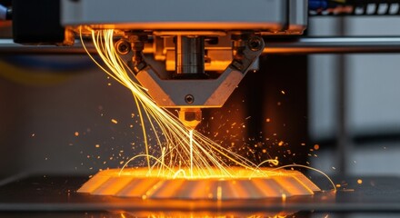 Industrial metal 3D printer head working with a laser, creating a new part from powder and producing a shower of bright orange sparks in a modern factory
