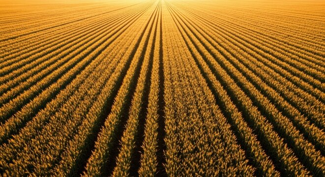 Vast golden wheat field with long parallel rows stretching to the horizon under the warm glow of a beautiful sunset, creating a serene agricultural landscape