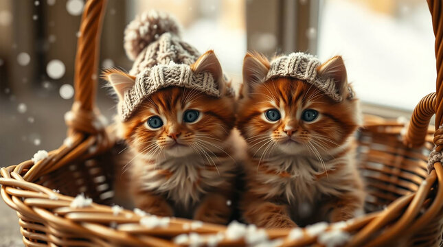 Cute kittens in wicker basket on window sill, closeup - Powered by Adobe