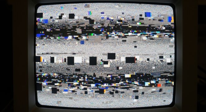 Old television screen displaying colorful digital glitch noise and static with broken signal artifacts, creating a retro abstract technology background with a distorted data effect