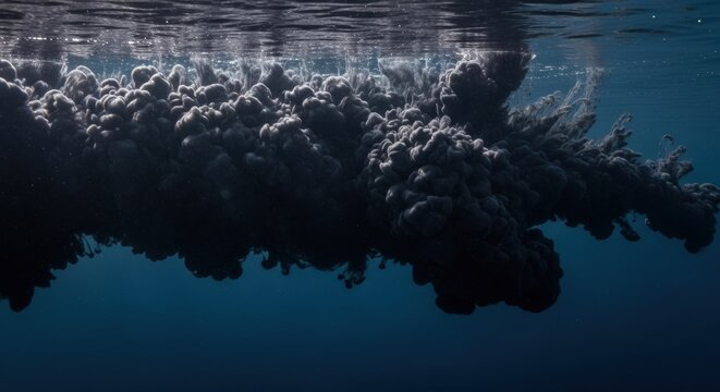 Voluminous black ink cloud billowing underwater near the surface, its dark, smoky texture contrasting with the deep blue water in a mysterious and abstract composition