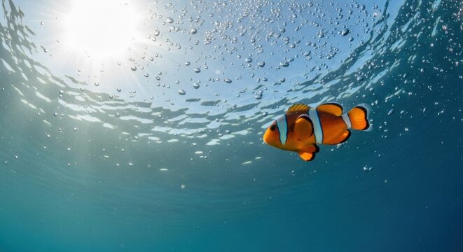 Beautiful orange clownfish with white stripes swims gracefully in clear blue ocean water with sun rays and bubbles visible from an underwater perspective