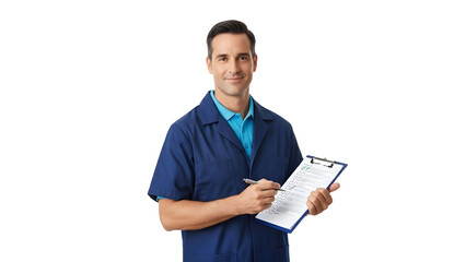 Smiling technician reviews checklist on clipboard wearing blue uniform shirt