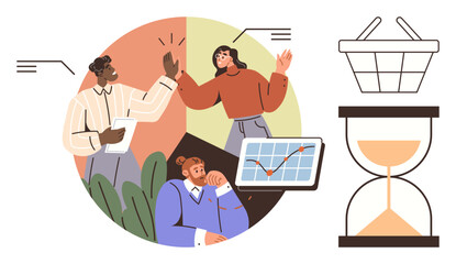 Diverse team brainstorming, analyzing trends on tablet, celebrating success, basket and hourglass symbolizing goals, deadlines, and productivity. Ideal for teamwork, goal-setting, efficiency time