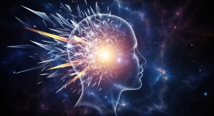 Translucent human head profile shattering into sharp crystal shards from a bright internal light, symbolizing a creative breakthrough or mental explosion on a cosmic space background