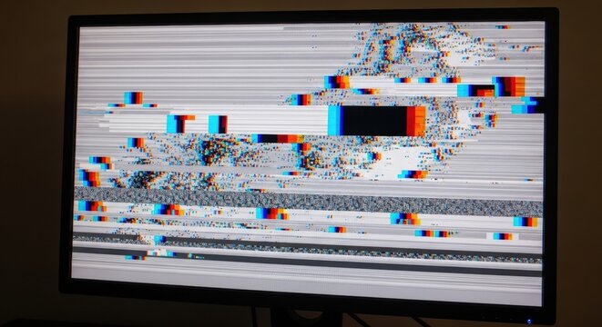 Broken computer monitor screen showing a colorful glitch effect with pixelated distortion, data corruption, and horizontal lines representing a system error or hardware failure