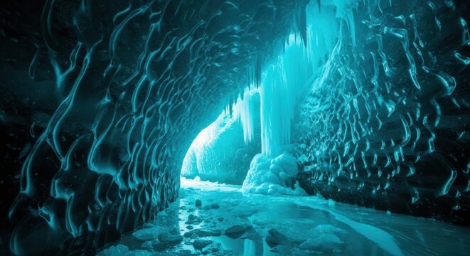 Beautiful turquoise ice cave tunnel with textured frozen walls and icicles leading towards a bright light, creating a magical and mysterious winter landscape scene