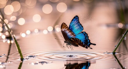 Vibrant blue butterfly with brown wings gracefully touches the water, creating ripples and splashing tiny droplets in a magical, warm light with a soft bokeh background