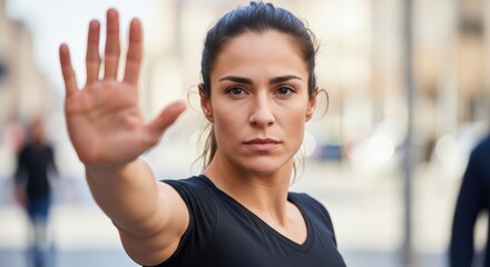 Serious determined woman with dark hair showing a stop hand gesture to the camera with a confident expression on a blurred urban street background