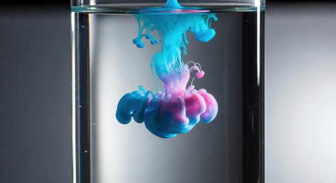 Vibrant blue and pink ink dissolving in clear water, creating an abstract swirling cloud shape inside a glass container against a neutral grey gradient background - Powered by Adobe