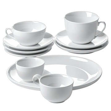 A collection of modern white porcelain teacups and saucers displayed against a black background.