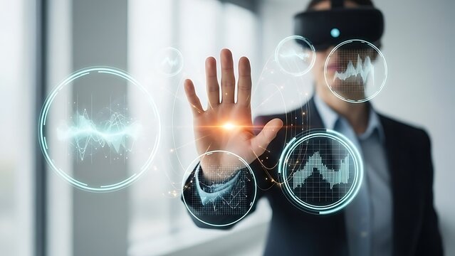 Business person wearing virtual reality headset interacting with holographic digital interface and futuristic technology in office - Powered by Adobe
