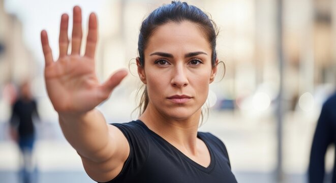Serious determined woman with dark hair showing a stop hand gesture to the camera with a confident expression on a blurred urban street background