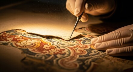 Gloved hand of a professional restorer meticulously cleaning a fragile, ancient, and ornate document with a precision tool under a warm spotlight in a dark workshop